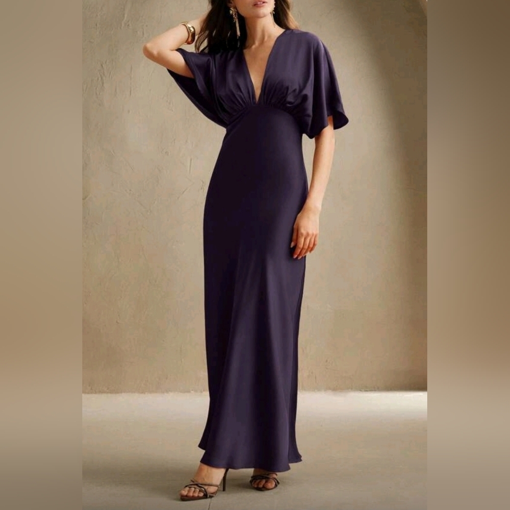 New Flowy Satin Dolman Sleeve High Waist Maxi Dress Purple